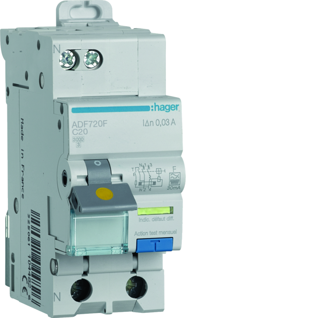Disjoncteur différentiel 1P+N 3kA C-20A 30mA type F