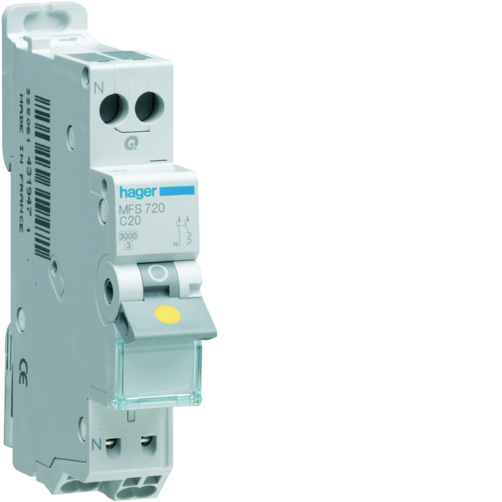 Disjoncteur Phase+ Neutre 20A 3kA Courbe C connexion automatique SanVis 1 Module