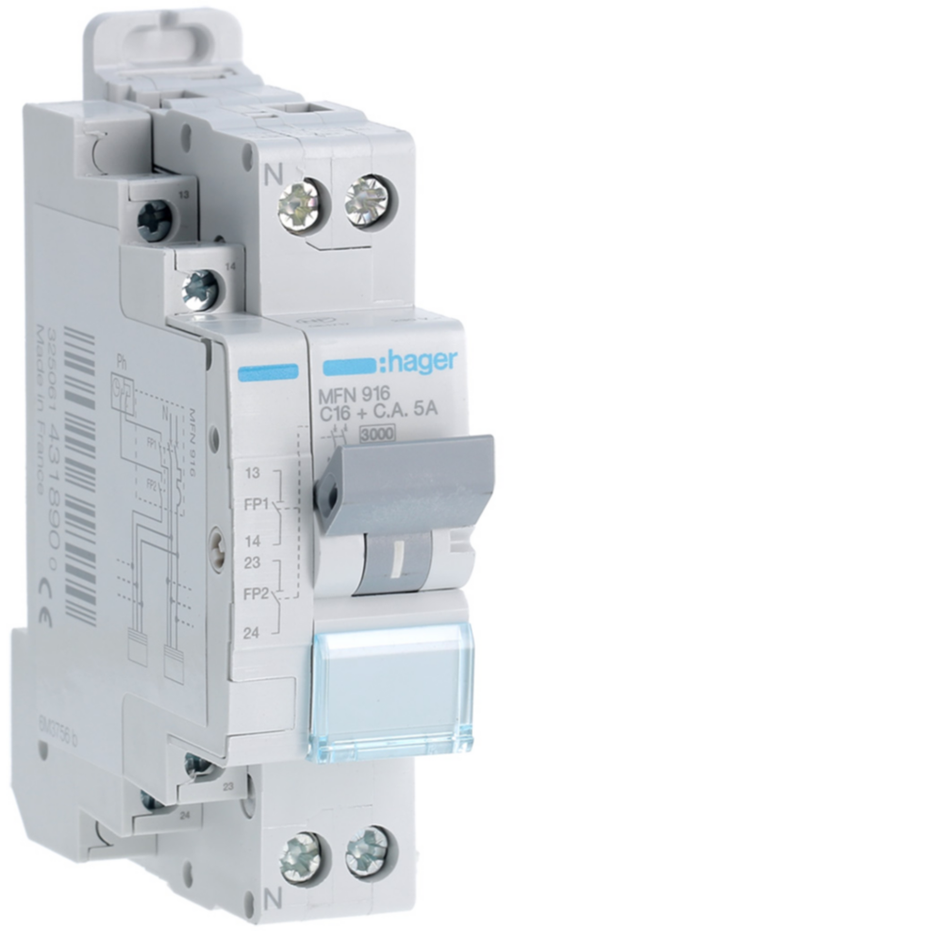 Disjoncteur fil pilote Phase + Neutre 16A 3kA Courbe C bornes à vis 1,50 Modules