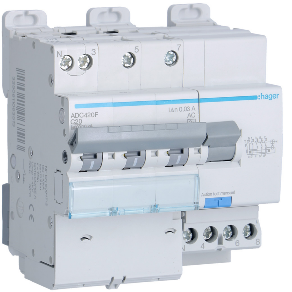 Disjoncteur différentiel 20A 3P+N 6-10kA Courbe C 30mA type AC 5 modules