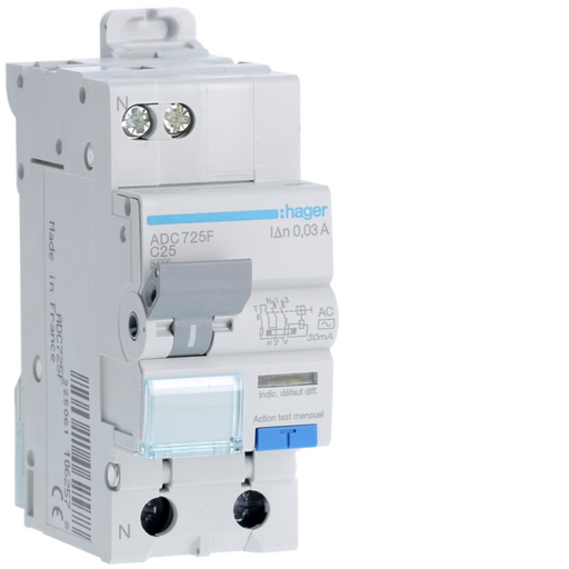 [HAGADC725F] Disjoncteur différentiel 1P+N 3kA C-25A 30mA type AC