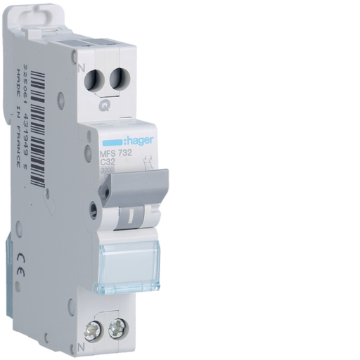 [HAGMFS732] Disjoncteur Phase+ Neutre 32A 3kA Courbe C connexion automatique SanVis 1 Module