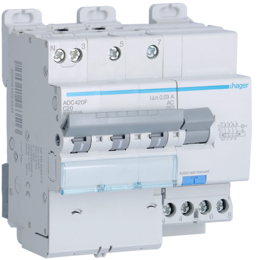 [HAGADC420F] Disjoncteur différentiel 20A 3P+N 6-10kA Courbe C 30mA type AC 5 modules